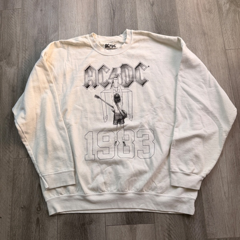 AC/DC Mens XL Cream Sweatshirt 1983 Graphic Crewneck Band Rock Licensed